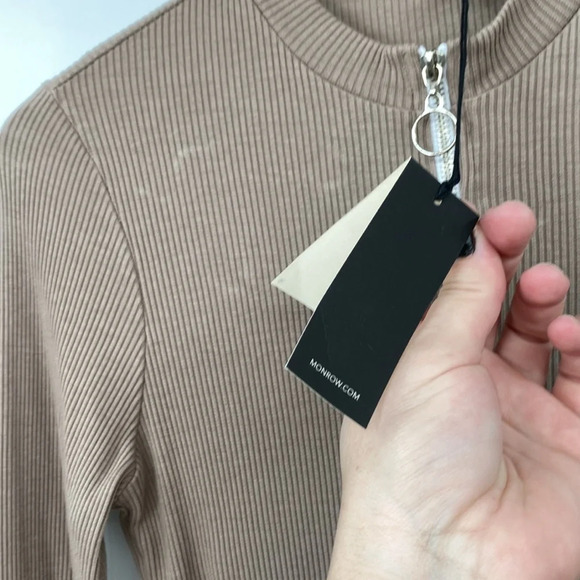 Monrow Rib Zip up Dress Womens Sz Small Tan Tencel Long Sleeves Bodycon Mini Zip - Picture 6 of 12